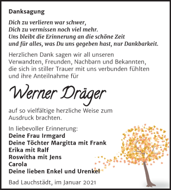 Traueranzeige von Werner Dräger von Super Sonntag Merseburg/Querfurt
