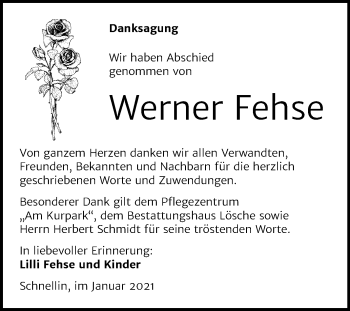Traueranzeige von Werner Fehse von Mitteldeutsche Zeitung Wittenberg