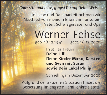 Traueranzeige von Werner Fehse von Super Sonntag Wittenberg