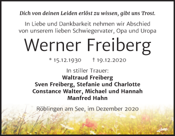 Traueranzeige von Werner Freiberg von Super Sonntag Mansfelder Land