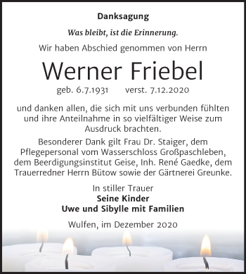 Traueranzeige von Werner Friebel von Mitteldeutsche Zeitung Köthen