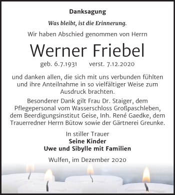 Traueranzeige von Werner Friebel von Super Sonntag Köthen