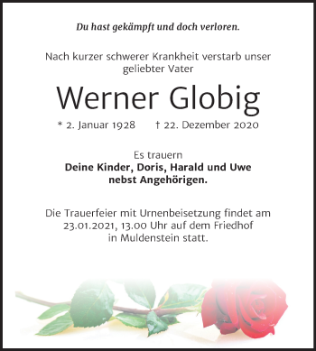 Traueranzeige von Werner Globig von Wochenspiegel Bitterfeld