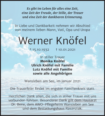 Traueranzeige von Werner Knöfel von Mitteldeutsche Zeitung Mansfelder Land