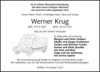 Traueranzeige von Werner Krug von Mitteldeutsche Zeitung Weißenfels