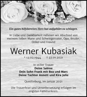 Traueranzeige von Werner Kubasiak von Super Sonntag Quedlinburg