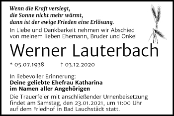 Traueranzeige von Werner Lauterbach von Mitteldeutsche Zeitung Merseburg/Querfurt