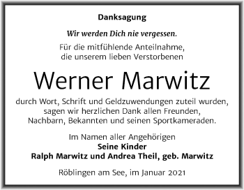 Traueranzeige von Werner Marwitz von Super Sonntag Mansfelder Land
