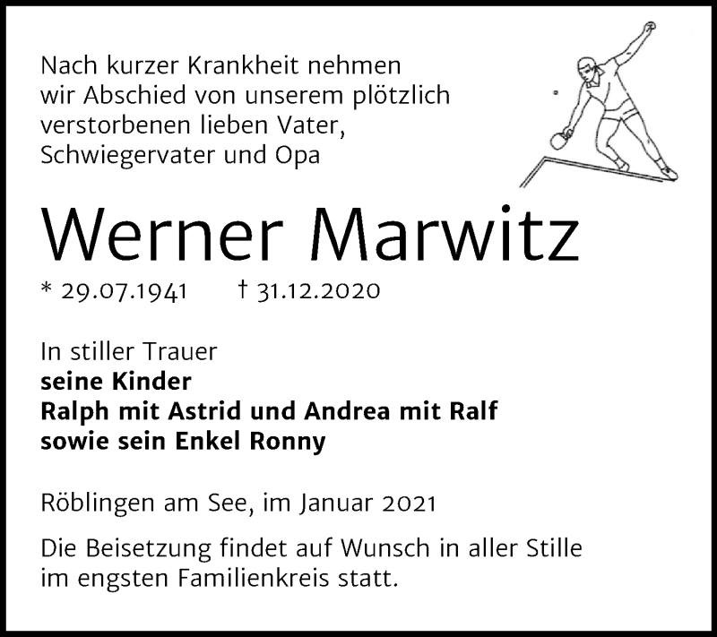  Traueranzeige für Werner Marwitz vom 15.01.2021 aus Mitteldeutsche Zeitung Mansfelder Land
