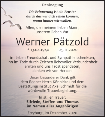 Traueranzeige von Werner Pätzold von Super Sonntag Naumburg/Nebra