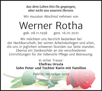 Traueranzeige von Werner Rotha von Super Sonntag Naumburg/Nebra