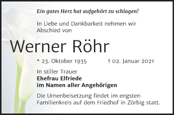 Traueranzeige von Werner Röhr von Mitteldeutsche Zeitung Bitterfeld