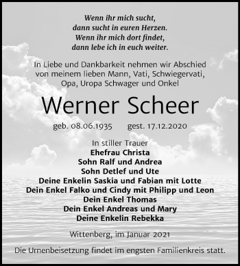 Traueranzeige von Werner Scheer von Super Sonntag Wittenberg