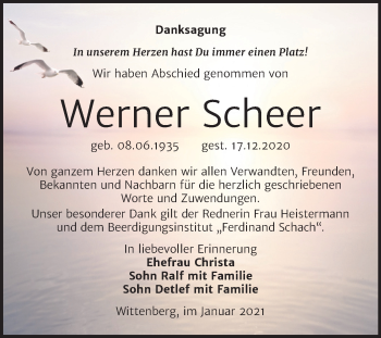 Traueranzeige von Werner Scheer von Mitteldeutsche Zeitung Wittenberg