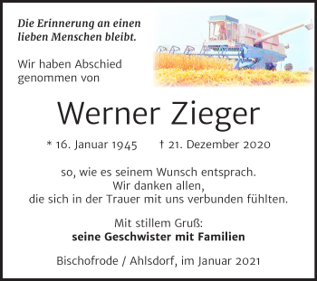 Traueranzeige von Werner Zieger von Super Sonntag Mansfelder Land
