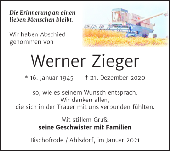 Traueranzeige von Werner Zieger von Mitteldeutsche Zeitung Mansfelder Land