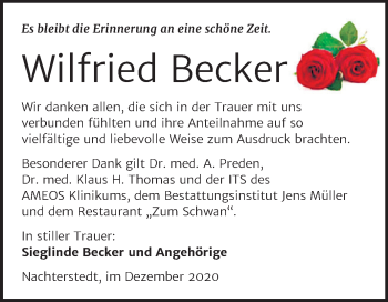 Traueranzeige von Wilfried Becker von Super Sonntag Aschersleben