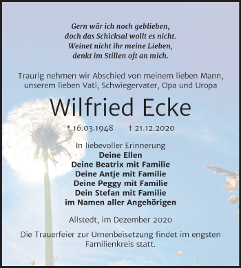 Traueranzeige von Wilfried Ecke von Mitteldeutsche Zeitung Mansfelder Land
