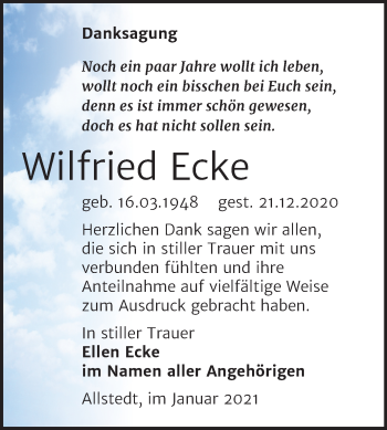 Traueranzeige von Wilfried Ecke von Mitteldeutsche Zeitung Sangerhausen
