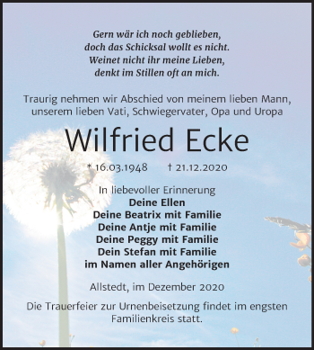 Traueranzeige von Wilfried Ecke von Mitteldeutsche Zeitung Sangerhausen
