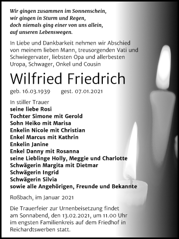 Traueranzeige von Wilfried Friedrich von Super Sonntag Merseburg/Querfurt