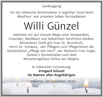 Traueranzeige von Willi Günzel von Super Sonntag Mansfelder Land