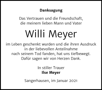 Traueranzeige von Willi Meyer von Mitteldeutsche Zeitung Sangerhausen