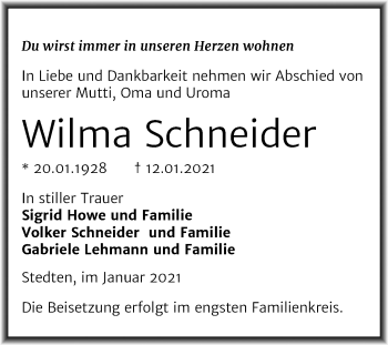 Traueranzeige von Wilma Schneider von Mitteldeutsche Zeitung Mansfelder Land
