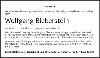 Traueranzeige von Wolfgang Bieberstein von Super Sonntag Bernburg