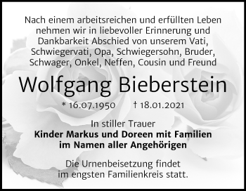 Traueranzeige von Wolfgang Bieberstein von Mitteldeutsche Zeitung Bernburg