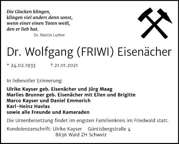 Traueranzeige von Wolfgang Eisenächer von Super Sonntag Mansfelder Land