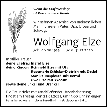 Traueranzeige von Wolfgang Elze von Mitteldeutsche Zeitung Quedlinburg