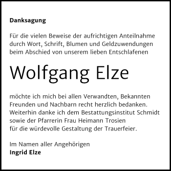 Traueranzeige von Wolfgang Elze von Mitteldeutsche Zeitung Quedlinburg