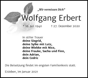 Traueranzeige von Wolfgang Erbert von Mitteldeutsche Zeitung Mansfelder Land