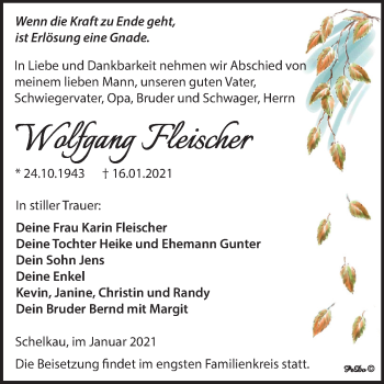 Traueranzeige von Wolfgang Fleischer von Mitteldeutsche Zeitung Weißenfels