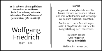 Traueranzeige von Wolfgang Friedrich von Mitteldeutsche Zeitung Mansfelder Land