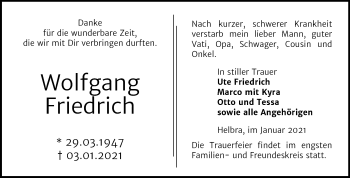 Traueranzeige von Wolfgang Friedrich von Mitteldeutsche Zeitung Mansfelder Land