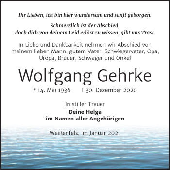 Traueranzeige von Wolfgang Gehrke von Super Sonntag Weißenfels