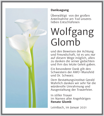 Traueranzeige von Wolfgang Glomb von Super Sonntag Mansfelder Land