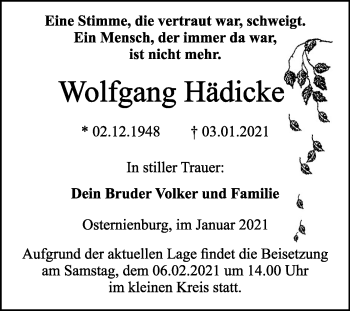 Traueranzeige von Wolfgang Hädicke von Mitteldeutsche Zeitung Köthen