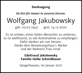 Traueranzeige von Wolfgang Jakubowsky von Super Sonntag Sangerhausen
