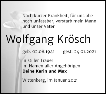 Traueranzeige von Wolfgang Krösch von Super Sonntag Wittenberg