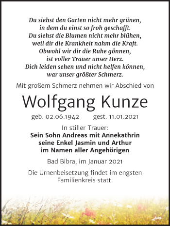 Traueranzeige von Wolfgang Kunze von Mitteldeutsche Zeitung Naumburg/Nebra