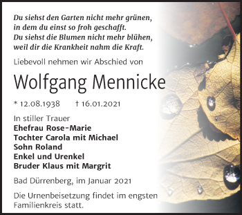 Traueranzeige von Wolfgang Mennicke von Super Sonntag Merseburg/Querfurt