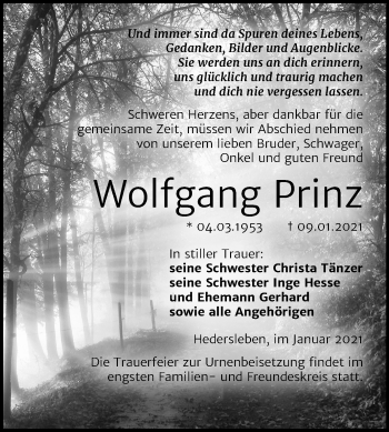 Traueranzeige von Wolfgang Prinz von Super Sonntag Mansfelder Land