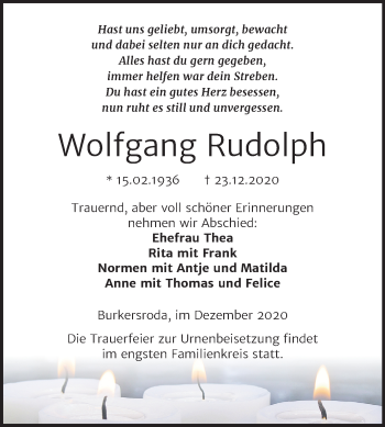 Traueranzeige von Wolfgang Rudolph von Super Sonntag Naumburg/Nebra