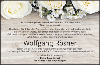 Traueranzeige von Wolfgang Rösner von Super Sonntag Aschersleben
