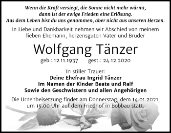 Traueranzeige von Wolfgang Tänzer von Mitteldeutsche Zeitung Bitterfeld