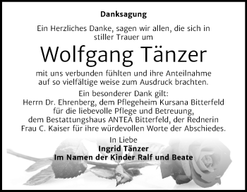 Traueranzeige von Wolfgang Tänzer von Mitteldeutsche Zeitung Bitterfeld