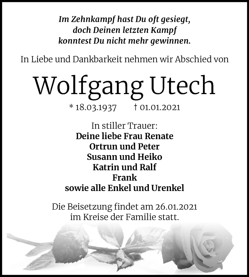  Traueranzeige für Wolfgang Utech vom 23.01.2021 aus Mitteldeutsche Zeitung Halle/Saalkreis